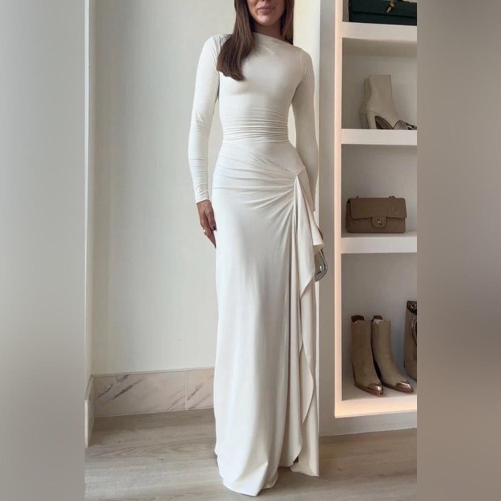 Long Sleeves Draped Slit Maxi Party Dress